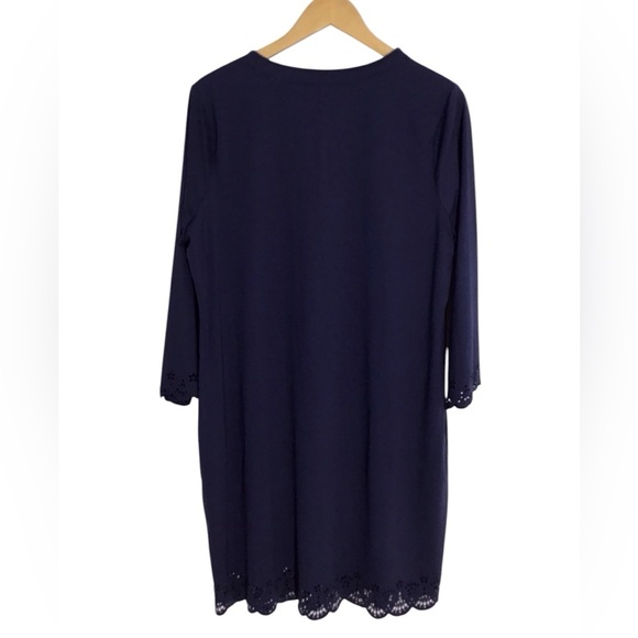 Lands End Navy Blue Laser Cut Trim Shift Dress Stretch Women’s Size Large - Picture 2 of 7